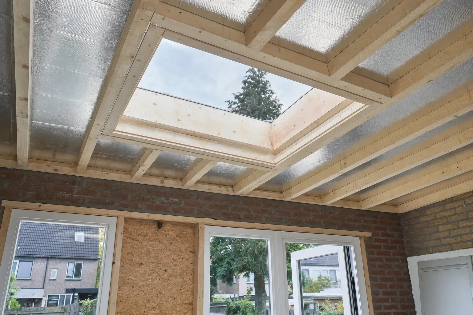 Aanbouw met daklicht en houten balklaag in uitvoering
